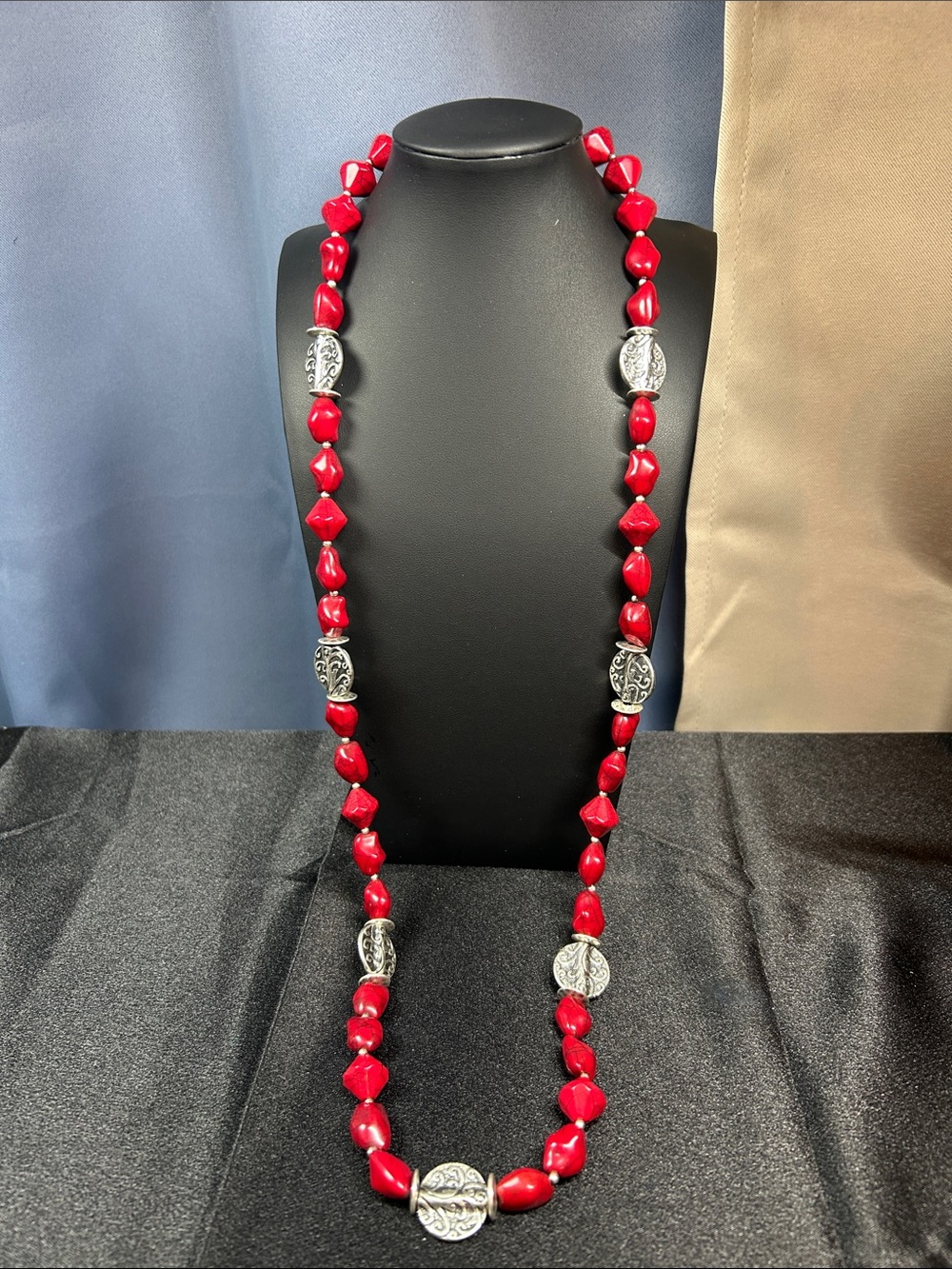 Premier Designs "Salsa" Red & Silver Beaded Statement Necklace